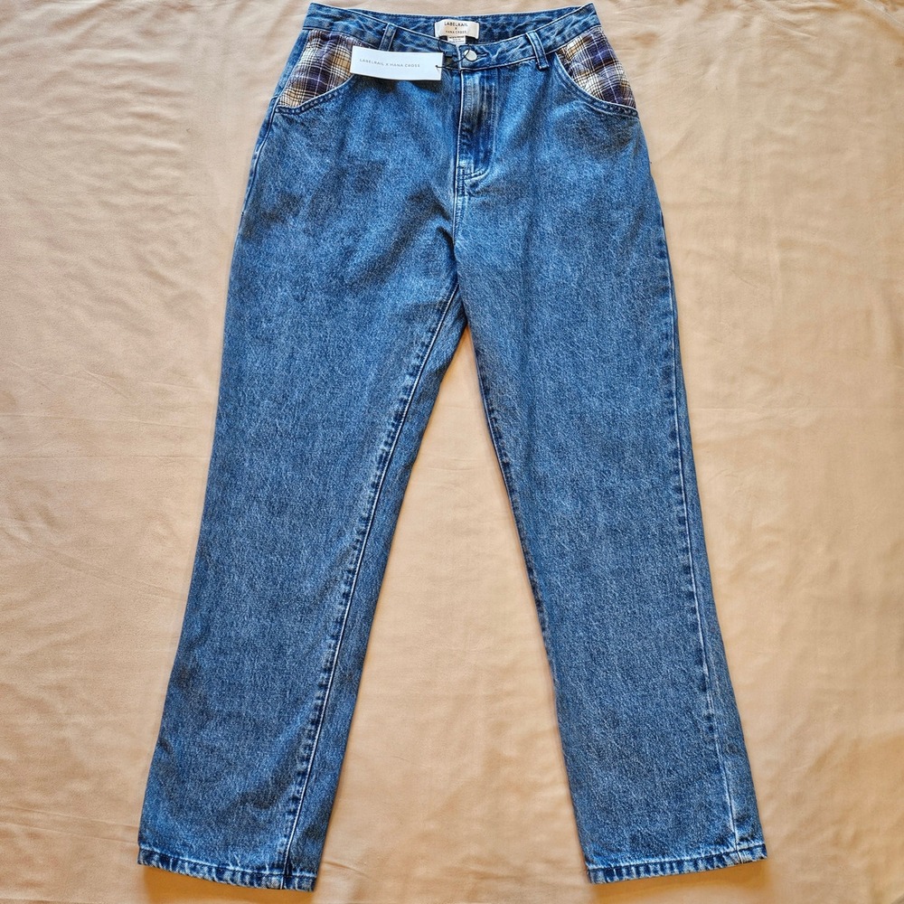 Women Straight Leg Jeans in Blue with Plaid Pocket Detail